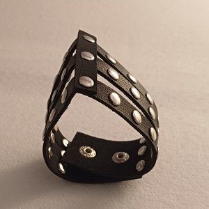 Leather Studded Bracelet Goth Gothic Black Silvery 3-Straps Strappy Biker Womens